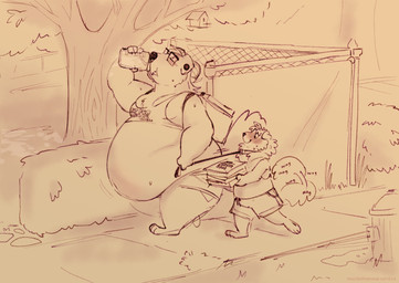 admiring anthro belly big_belly blush bodily_fluids bottle bottomwear box clothing collar container duo ear_piercing eyewear flesh_tunnel food fur glasses hair leash leash_pull male male/male navel overweight overweight_anthro overweight_male piercing pizza pizza_box public shorts sidewalk smile sweat sweatdrop tail tail_motion tailwag text walking water water_bottle wobbling cowcollar tobi_(muzzledmammal) canid canine canis domestic_dog mammal digital_media_(artwork) english_text trans_(lore)
