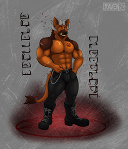abs anthro biped boots bulge chain clothing demonic footwear horn leather male male_anthro muscular muscular_anthro muscular_male pecs shoes smile solo summoning_circle teeth violet_raven mythology canid canid_demon canine canis demon domestic_dog hellhound mammal mythological_canine mythological_creature absurd_res hi_res