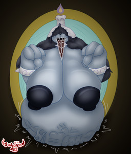 abdominal_bulge anthro belly belly_overhang big_belly big_breasts bodily_fluids bone bones_in_stomach breasts clothed clothing collar female grey_body hair long_hair looking_at_viewer mirror nipples nude onomatopoeia partially_clothed raised_arm raised_hands saliva saliva_on_tongue saliva_string solo sound_effects text tongue tongue_out vore sokoyo_owo canid canine ghost mammal spirit hi_res