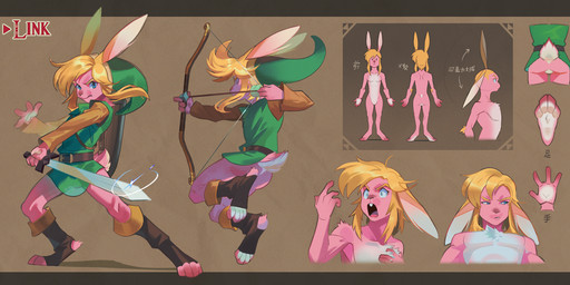 alternate_species anthro bottomless bow_(weapon) butt clothed clothing featureless_crotch footwear fur furgonomic_footwear furgonomics furrification headgear male melee_weapon pink_body pink_fur ranged_weapon scut_tail short_tail solo sword tail text transformation weapon uzucake nintendo the_legend_of_zelda link_(rabbit_form) lagomorph leporid mammal rabbit english_text hi_res model_sheet