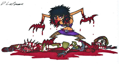 anthro belt big_breasts blood blood_in_hair blood_on_face blood_on_hand blood_on_leg bodily_fluids bottomwear bracelet breasts clothing corpse death decapitation digitigrade dismemberment female female_anthro fishnet_stockings gore jewelry male male_human red_eyes severed_body_part severed_head skirt solo spiked_belt spiked_bracelet spikes doozy_the_boozy halo_(series) microsoft xbox_game_studios alien aquatic human kig-yar mammal ruuhtian scalie colored hi_res traditional_media_(artwork)