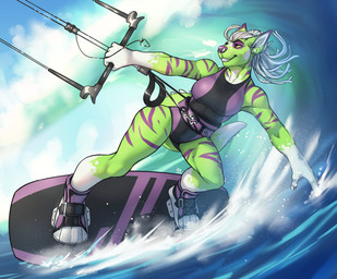 anthro barbell_piercing black_clothing black_topwear circular_barbell_piercing clothed clothing ear_piercing facial_piercing female female_anthro fur gauged_ear gloves_(marking) green_body green_fur grin hair kitesurfing leg_markings markings nose_piercing piercing purple_clothing purple_nose purple_topwear septum_circular_barbell septum_piercing smile socks_(marking) solo striped_arms striped_legs striped_neck surfing topwear wave white_body white_fur white_hair yellow_eyes solaxe_(artist) canid canine mammal absurd_res hi_res