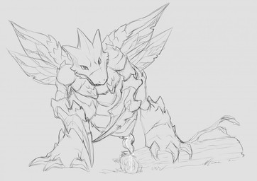 anatomically_correct animal_genitalia blade_arm bodily_fluids cum cum_on_ground erection feral genital_fluids genital_slit genitals insect_wings log male penis precum scar sharp_teeth solo tapering_penis teeth wings wood yaroul nintendo pokemon arthropod generation_1_pokemon insect pokemon_(species) scyther monochrome