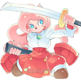 anthro blue_eyes female fur melee_weapon pink_body pink_fur solo sword weapon zipskyblue meredith_(zipskyblue) felid feline mammal absurd_res hi_res