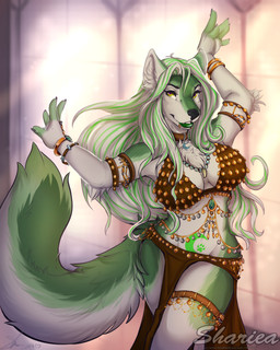 5_fingers anthro armband bangle belly_dancer bottomwear bra bracelet breasts chest_tuft claws cleavage clothed clothing collar crescent_moon dancing detailed_background facial_piercing female fingers footprint fur green_body green_fur green_hair hair jewelry lip_piercing loincloth looking_at_viewer moon multicolored_hair necklace pawprint piercing smile solo standing tattoo tuft two_tone_hair underwear white_body white_fur white_hair wide_hips yellow_eyes shariea canid canine canis mammal wolf 2019 digital_media_(artwork) hi_res