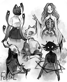 2_horns anthro bolero_jacket bone bone_mask bottomwear breasts clothed clothing fangs female floating_head for_a_head group hair horn horror_(theme) mask nude rib_cage shirt short_hair simple_background skeleton skirt skull skull_head skull_mask smile teeth topwear translucent translucent_body visible_skeleton feefal feline_witch_(feefal) colorpoint demon demon_humanoid domestic_cat felid feline felis ghost human humanoid mammal spirit hi_res monochrome traditional_media_(artwork)
