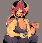 anthro athletic big_breasts bottomwear breasts clothing electronics female flesh_tunnel gradient_hair hair horn muscular muscular_anthro muscular_female pants phone rabbit_ears red_hair scales shirt smile solo tail tank_top topwear yellow_body yellow_scales yoga_pants awr_hey mythology zoe_(awr_hey) dragon mythological_creature mythological_scalie scalie absurd_res hi_res