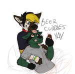 anthro beer_bottle blep bottle clothing container duo eyewear female glasses hair hug hugging_another hugging_from_behind inner_ear_fluff licking licking_lips male shirt t-shirt tongue tongue_out topwear tuft lichdog canid canine mammal 2012 sketch unfinished