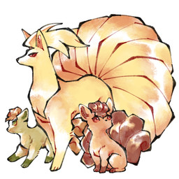 3_toes 9_tails ambiguous_feral ambiguous_gender feet feral fur group head_tuft kemono leg_markings markings monotone_body monotone_fur monotone_tail multi_tail multicolored_body multicolored_fur orange_body orange_ears orange_fur pink_inner_ear quadruped red_body red_eyes red_fur red_inner_ear red_tail simple_background sitting socks_(marking) standing tail toes trio tuft two_tone_body two_tone_fur white_background yellow_body yellow_ears yellow_eyes yellow_fur yellow_tail ohayou_milk nintendo pokemon canid canine generation_1_pokemon mammal ninetales pokemon_(species) shiny_pokemon vulpix 1:1 2026 absurd_res colored digital_media_(artwork) digital_painting_(artwork) full-length_portrait hi_res painting_(artwork) portrait parent_(lore) parent_and_child_(lore)
