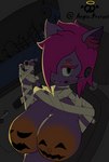 anthro bandage big_breasts breasts car female fur hair holidays inside_car looking_at_viewer nipples pink_hair pumpkin_breasts purple_body purple_fur smile solo vehicle angie_pretzel halloween kaori_(angie_pretzel) domestic_cat felid feline felis mammal bust_portrait portrait tagme