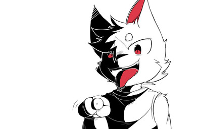 anthro cheek_tuft claws facial_tuft fangs gesture hand_gesture looking_at_viewer male open_mouth pointing pointing_at_viewer pupils red_eyes red_inner_ear simple_background slit_pupils solo teeth tongue tongue_out tuft kimacats evil_kima restricted_palette