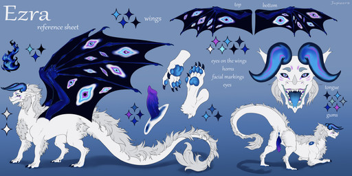 5_toes animal_genitalia animal_penis arm_tuft blue_claws blue_horn blue_pawpads blue_wings cheek_tuft claws color_swatch elbow_tuft eyes_on_wings facial_markings facial_tuft fangs feet feral fire fluffy fluffy_chest fluffy_ears fluffy_tail forked_tongue fur genitals gradient_penis grey_body grey_fur hair head_markings horn inner_ear_fluff male mane mane_hair markings membrane_(anatomy) membranous_wings neck_tuft open_mouth pawpads penis purple_penis quadruped solo tail teeth toes tongue tuft unusual_anatomy unusual_eye_placement unusual_wings white_body wings jupizoro mythology dragon furred_dragon furred_scalie mythological_creature mythological_scalie scalie absurd_res hi_res model_sheet