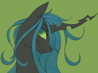 female feral green_background green_eyes horn looking_at_viewer pupils simple_background slit_pupils solo stray_prey friendship_is_magic hasbro my_little_pony queen_chrysalis_(mlp) changeling hi_res portrait