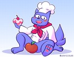 anthro apple chef clothed clothing convenient_censorship food fruit looking_at_viewer male plant simple_background smile solo fizzyjay cartoon_network mao_mao:_heroes_of_pure_heart rhett_the_chef canid canine canis mammal wolf censored digital_media_(artwork) hi_res