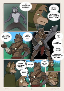 5_fingers abs anthro arm_wraps armor barefoot blind bottomwear brown_body brown_eyes brown_fur cloak clothed clothing dialogue disability empty_eyes eyebrow_piercing facial_piercing facial_tattoo featureless_chest feet fighting_pose fingers flashback frown fur green_cloak green_clothing green_eyes grey_body group harness holding_melee_weapon holding_object holding_sword holding_weapon jewelry male melee_weapon muscular muscular_anthro muscular_male name_in_dialogue navel necklace nipples outside page_number pants pecs pendant piercing pose scared serious sky speech_bubble sword tail tassets tattoo text topless topless_anthro topless_male trio twitter_logo weapon worried wraps ghosty_cult far_beyond_the_world_(series) twitter erof_(far_beyond_the_world) talisin_(far_beyond_the_world) canid canine canis mammal wolf comic english_text hi_res multiple_scenes url
