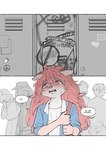 2023 anthro background_character blue_clothing blue_coat blue_topwear bodily_fluids canid canine clothing coat comic dialogue english_text faceless_character female fox fur fur_(theterm) group hair hate human inside kemono locker long_hair male mammal open_mouth pink_body pink_eyes pink_fur pink_hair sad school shirt simple_background speciesism speech_bubble standing sweat sweatdrop t-shirt text theterm topwear vandalism walking white_background white_clothing white_shirt white_t-shirt white_topwear young