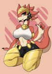 4_fingers abstract_background anthro armlet armor bent_arm bent_legs big_breasts biped black_clothing black_legwear breasts claws clothed clothed_anthro clothed_female clothing ear_piercing ear_ring egyptian egyptian_clothing egyptian_headdress eyelashes female female_anthro finger_claws fingers fully_clothed fully_clothed_anthro fully_clothed_female glistening glistening_eyes grey_eyes headgear headwear kneeling legwear looking_at_viewer midriff multicolored_body multicolored_skin navel nemes_(clothing) non-mammal_breasts noseless open_mouth open_smile piercing pupils red_body red_skin red_tail ring_piercing shirt smile smiling_at_viewer snout solo tail tan_body tan_skin tan_tail tank_top thick_tail thick_thighs topwear two_tone_body two_tone_skin two_tone_tail usekh waist_accessory white_clothing white_sclera white_shirt white_tank_top white_topwear wide_hips zzvinniezz ever_oasis nintendo miura drauk scalie 2020 absurd_res cel_shading digital_media_(artwork) full-length_portrait hi_res portrait shaded