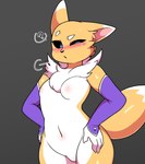 anthro armwear blush breasts clothing featureless_crotch female fur looking_at_viewer small_breasts solo symbol symbol_on_clothing white_body white_fur yellow_body yellow_fur yin_yang wherewolf bandai_namco digimon digimon_(species) renamon hi_res