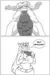 anthro canid canine clock-face clothing comic duo english_text female fox hi_res low-angle_view macro mammal monochrome muscular smile standing swimwear text worm's-eye_view