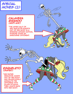 attack black_body black_skin blonde_hair bone clothing flower hair holidays monster_girl_(genre) not_furry plant rose_(flower) shirt skeleton solo text topwear isadora capcom darkstalkers day_of_the_dead fan_character ghost spirit absurd_res english_text hi_res