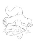 2023 3_toes 4_fingers anthro aury clenched_teeth featureless_crotch feet fingers fist hi_res kangaroo macropod male mammal marsupial monochrome nude_male pain pawpads sad simple_background solo tail teeth toes upside_down white_background young young_anthro young_male