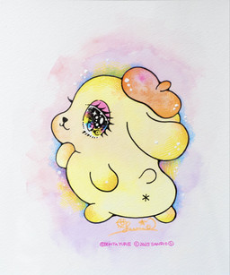 ambiguous_gender anthro anus beret clothing eyelashes eyeshadow hat headgear headwear makeup simple_anus simple_background solo tail toony yellow_body yurie_sekiya pompompurin_(series) sanrio pompompurin_(character) canid canine canis domestic_dog mammal hi_res