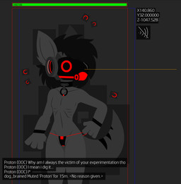 anthro ball_gag black_hair bottomwear chat_box clothed clothing gag gameplay_mechanics gui hair hair_over_eyes health_bar looking_at_viewer machine male red_eyes simple_background solo text topless dog_brained humanoid protogen digital_media_(artwork) english_text hi_res