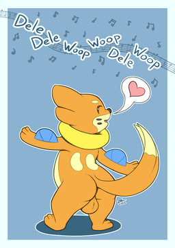 3_fingers 3_toes anthro arm_fin backsack ball_tuft balls black_markings black_nose blue_background butt clothing cute_fangs dipstick_tail eyes_closed facial_markings fangs feet fin fingerless_gloves fingers forked_tail genitals gloves handwear head_markings heart_symbol male markings music musical_note musical_symbol nude_anthro nude_male open_mouth orange_body outline simple_background solo speech_bubble standing symbol tail tail_markings tan_body teeth toes tuft unusual_anatomy unusual_tail white_outline zriartz nintendo pokemon buizel generation_4_pokemon pokemon_(species) 2022 hi_res signature