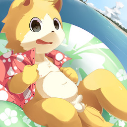 anthro balls black_eyes bodily_fluids bottomless clothed clothing countershading foreskin fur genital_fluids genitals humanoid_genitalia humanoid_penis inflatable kemono male navel nipples open_clothing open_mouth open_shirt open_topwear penis pool_float precum shadow shirt shota solo tan_body tan_fur topwear water white_body white_fur young young_anthro young_male moki_(artist) canid canine canis domestic_dog mammal 1:1
