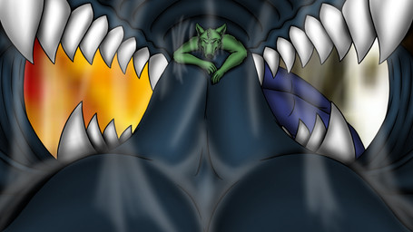 anthro bodily_fluids drooling duo male male/male micro oral_vore saliva solo_focus teeth tongue vore zawkian_puppy mythology derg_vic dragon mythological_creature mythological_scalie scalie 16:9 4k absurd_res hi_res widescreen