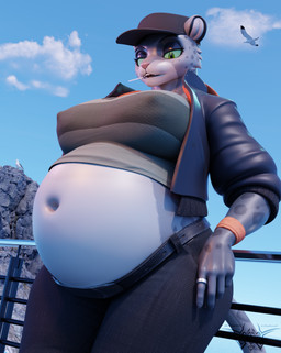 anthro big_breasts bottomwear breasts candy cliff clothing denim denim_bottomwear denim_clothing dessert erect_nipples eyelashes female food fur hand_in_pocket hat headgear headwear jacket jeans lollipop long_eyelashes markings navel nipple_outline nipples nipples_through_clothes nipples_visible_through_clothing pants pockets pregnant pregnant_anthro pregnant_female railing ring shirt solo spots spotted_body spotted_fur topwear tuft phrostbite valorlynz_(modeler) dreamworks the_bad_guys kitty_kat_(the_bad_guys) ambient_bird avian bird felid gull lari larid leopard mammal pantherine 3d_(artwork) absurd_res digital_media_(artwork) hi_res