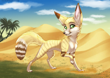 ambiguous_gender cloud day desert feral fluffy fluffy_tail fur grass green_eyes outside palm_tree plant solo sun tail tree yellow_body yellow_fur rukifox canid canine fennec_fox fox mammal true_fox