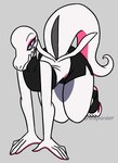 all_fours anthro bottomwear clothing crop_top female flat_chested grey_background lidded_eyes looking_at_viewer purple_eyes shirt shorts simple_background smile solo topwear white_body nerdyreindeer nintendo pokemon generation_7_pokemon lizard pokemon_(species) reptile salazzle scalie shiny_pokemon