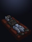 anthro bdsm bed bondage booties bound clean_diaper clothed clothing diaper furniture leather leather_strap male muzzle_(object) muzzled restraints solo straitjacket straps wearing_diaper carotte666 canid canine canis mammal wolf absurd_res hi_res