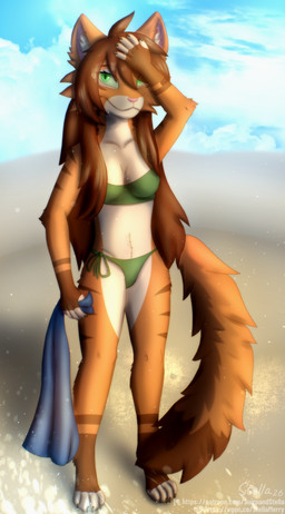 anthro beach beach_towel bikini bikini_bottom bikini_top breasts brown_body brown_fur brown_hair claws clothing female fluffy fur green_eyes hair hand_on_head holding_object long_hair long_tail looking_at_viewer markings midriff orange_body orange_fur smile solo striped_body striped_fur striped_markings stripes swimwear tail tan_body tan_fur towel two-piece_swimsuit water yellow_sclera stellaamoris art_fight artfight2026 nalini_(freyana) domestic_cat felid feline felis mammal absurd_res digital_media_(artwork) digital_painting_(artwork) full-length_portrait hi_res painting_(artwork) portrait