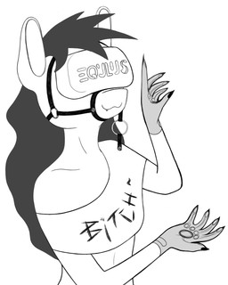 anthro bitch_print black_hair black_mane clothed clothing crop_top ears_up fangs femboy fingernails gag gloves hair halter handwear humanoid_hands long_hair long_mane male mane midriff nails off_shoulder print_clothing print_topwear ring_gag sharp_nails shirt simple_background smile smirk solo straps tack teeth topwear vr_gloves vr_headset vulgar white_background kody_wiremane hasbro my_little_pony blackie_wiremane fan_character equid equine horse mammal pony 4:5 half-length_portrait hi_res monochrome portrait