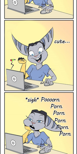 annoyed anthro arm_support blue_eyes breasts clothed clothing computer computer_mouse cybernetic_arm cybernetic_limb dialogue electronics eyewear eyewear_on_head female fur goggles goggles_on_head grey_body grey_fur humor laptop leaning_on_elbow long_ears open_mouth open_smile pink_nose prosthetic prosthetic_arm prosthetic_limb sigh simple_background smile solo teeth text tongue yellow_background mewtwo3291 stardep ratchet_and_clank sony_corporation sony_interactive_entertainment rivet_(ratchet_and_clank) lombax mammal 2020 comic english_text hi_res watermark