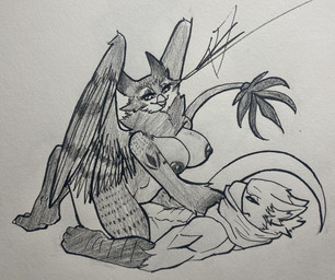 anthro breasts cowgirl_position duo female from_front_position holding_down male male/female markings nipples occult_symbol on_bottom on_top scarf sex sigil symbol wings sparky_takashii capcom monster_hunter mythology snowfall_(terrorwing) vayhl'ayne_(vahlyance) avian flying_wyvern gryphon hybrid mythological_avian mythological_creature nargacuga absurd_res graphite_(artwork) hi_res pen_(artwork) traditional_media_(artwork)