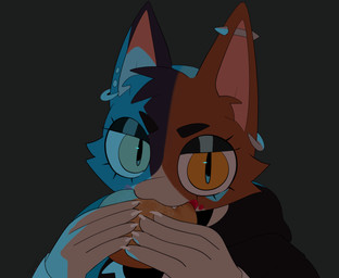 ambiguous_gender anthro black_body black_clothing black_eyeshadow black_fur black_hoodie black_topwear clothed clothed_anthro clothing dessert doughnut ear_piercing eating eating_food eyebrows eyelashes eyeshadow food fur grey_background holding_food holding_object hoodie jelly_doughnut makeup multicolored_body multicolored_fur orange_body orange_fur pastry piercing simple_background solo topwear white_body white_fur yellow_eyes valkenite epic_games fortnite jerma985 meow_skulls calico_cat domestic_cat felid feline felis mammal 2026 bust_portrait digital_drawing_(artwork) digital_media_(artwork) english_description hi_res portrait female_(lore)