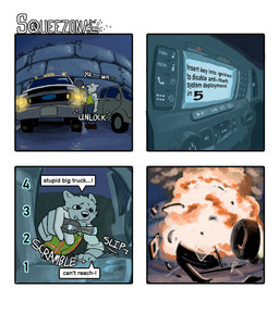 anthro clothed clothed_anthro clothed_male clothing countdown death dialogue explosion fully_clothed fully_clothed_anthro fully_clothed_male fur key male open_mouth reaching safety_vest solo standing text tire topwear truck vehicle vest white_body white_fur yawn hieronymusjohnson squeez_(hieronymusjohnson) canid canine canis domestic_dog mammal nordic_sled_dog samoyed spitz 2026 aliasing binary_drawing comic digital_drawing_(artwork) digital_media_(artwork) english_text hi_res