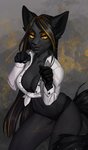 anthro black_hair black_nose breasts clothed clothing eyebrows eyelashes female hair midriff navel panties smile solo standing underwear va_art domestic_cat felid feline felis mammal 2020 digital_media_(artwork)