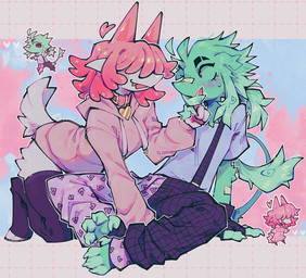 abstract_background ambiguous/ambiguous ambiguous_gender anthro barefoot blue_background blush bob_cut bodily_fluids chibi claws clothing collar digitigrade duo feet fingerless_gloves flustered fur gloves green_body green_hair grey_background hair hair_over_eyes handwear hoodie horn kneeling legwear love pink_background pink_clothing pink_collar pink_hair pink_hoodie pink_topwear pointy_ears romantic romantic_couple shirt short_tail simple_background sitting suspenders sweat sweatdrop tail tapering_snout thigh_highs toe_claws topwear touching_hair twirling_hair white_body white_fur btascandalist imp mammal digital_media_(artwork) digital_painting_(artwork) full-length_portrait hi_res painting_(artwork) portrait shaded