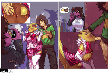 anthro armwear balls blush bodily_fluids bow_ribbon butt butt_grab clothed clothing convention cosplay dress drooling elbow_gloves electronics eyewear female genital_fluids genitals glasses gloves group hand_on_butt hand_on_head handwear legwear male male/female no_underwear oblivious oral oral_penetration penetration penis phone raised_tail saliva searching sex speech_bubble stealth_sex stockings sweat tail taking_picture trio vaginal_fluids kristhianquint4 deltarune lobotomy_corporation project_moon undertale_(series) alphys kris_dreemurr susie_(deltarune) human lizard mammal reptile scalie 3:2 absurd_res hi_res