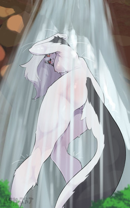 anthro bathing breasts butt female fluffy fluffy_tail fur grey_hair hair looking_at_viewer looking_back looking_back_at_viewer low-angle_view nude nude_anthro nude_female red_eyes showering solo tail water wet white_body white_fur askart hellaverse helluva_boss mythology loona_(helluva_boss) canid canid_demon canine demon hellhound mammal mythological_canine mythological_creature 5:8 absurd_res hi_res