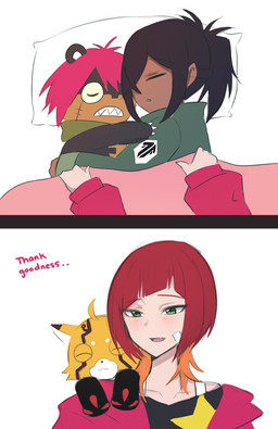 anthro bed bedding blanket blush cuddling female fur furniture group hair male orange_body orange_fur ponytail sleeping text doodledigi bandai_namco digimon digimon_beatbreak granit_(digimon_beatbreak) reina_sakuya digimon_(species) human ludomon mammal pristimon english_text hi_res