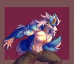 anthro claws clothed clothing fur hair horn male muscular muscular_anthro muscular_male simple_background solo standing topless d.angelo canid canine mammal absurd_res hi_res