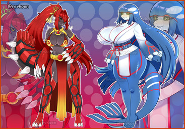 anthro armor big_breasts border breasts butt clothing corset dress duo female gloves hair handwear huge_breasts lingerie long_hair orange_border solo topwear revkoen nintendo pokemon generation_3_pokemon groudon kyogre legendary_pokemon pokemon_(species) absurd_res hi_res model_sheet
