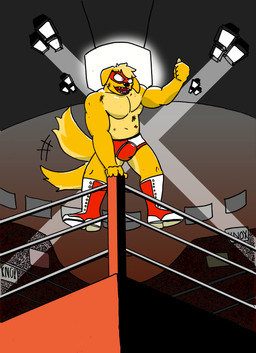 anthro blood blood_on_face bodily_fluids bruised bulge domino_mask eyemask eyewear fighting_ring gesture hand_gesture male mask musclegut muscular solo spotlight tail tail_motion tailwag thumbs_up victory_pose wrestling_briefs wrestling_outfit goodjobrammy_(artist) bird_dog canid canine canis domestic_dog golden_retriever hunting_dog mammal retriever absurd_res hi_res