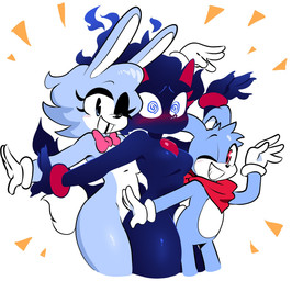 anthro belly black_eyelids blue_body blue_eyes blue_fur blush blush_lines bow_tie bracelet chest_gem clothing confusion eyelashes female fire flaming_hair flustered fnf_mods fur gem gloves group handkerchief handwear jewelry kerchief looking_at_viewer makeup male mascara one_eye_closed pink_bow_tie pose pseudo_hair rabbit_ears red_bracelet red_eyelashes red_eyes red_gem red_gem_in_body red_gemstone red_handkerchief red_inner_ear red_kerchief short_anthro short_male smile smiling_at_viewer spiral spiral_eyes tall_anthro tall_female trio white_belly white_body white_clothing white_fur white_gloves white_handwear white_inner_ear white_mouth wink winking_at_viewer quavernsfw friday_night_funkin' sega sonic_the_hedgehog_(series) cinder_the_fire_entity fan_character proto_blaze rush_the_rabbit sonic_fan_characters taffy_cottontail domestic_cat entity felid feline felis lagomorph leporid mammal rabbit 2026 digital_media_(artwork) hi_res