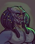 accessory anthro black_hair black_sclera dreadlocks gold_hair_ornament green_background green_body green_skin hair hair_accessory hair_ring half-closed_eyes male mandibles muscle_tone muscular muscular_anthro muscular_male narrowed_eyes pecs sharp_teeth simple_background solo teeth diadorin predator_(franchise) alien yautja 2022 4:5 absurd_res hi_res